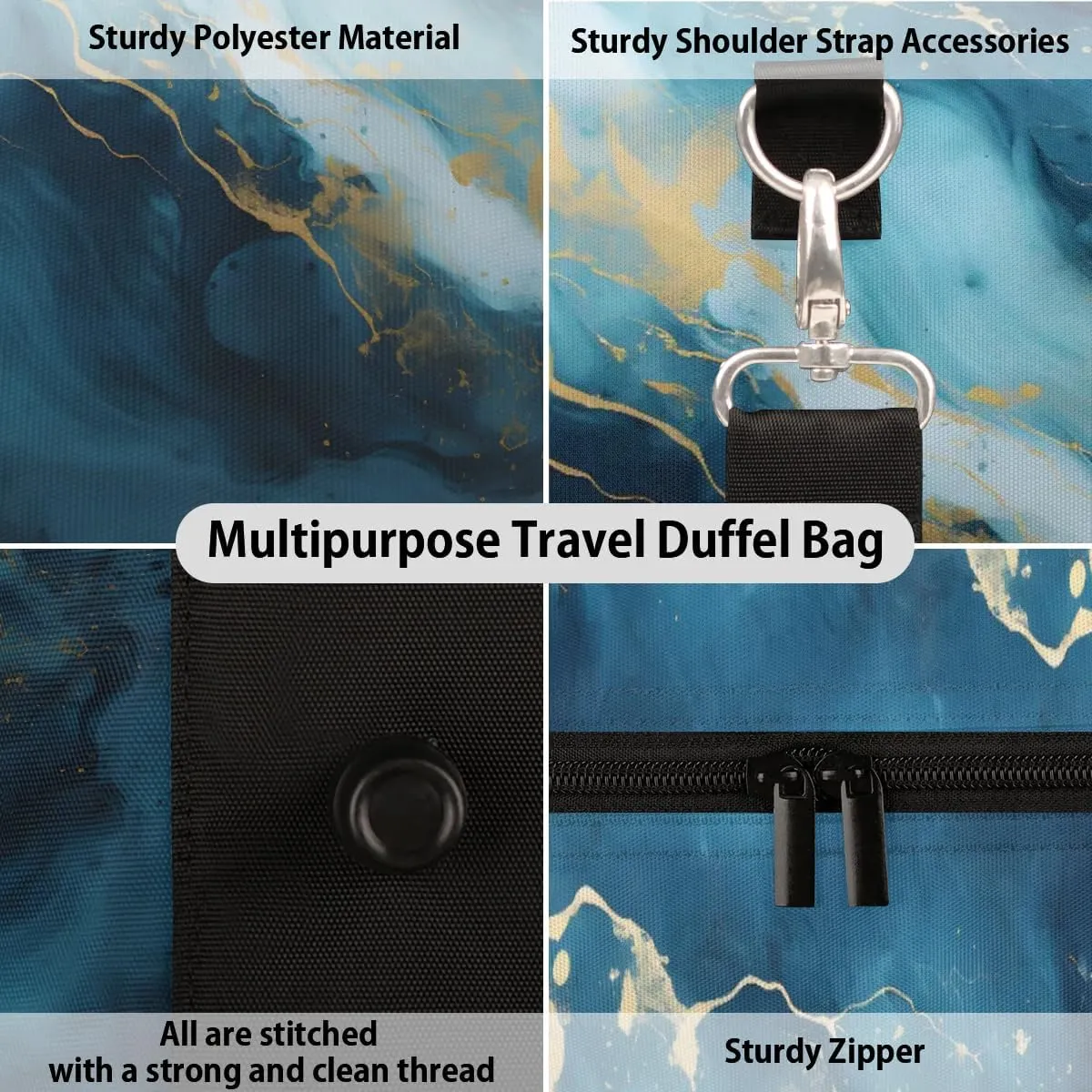 Foldable Travel Bag Navy Blue Marble Style Lightweight Carry On Bags for Airplanes Waterproof Travel Duffle Bag For Gym Weekend Overnight