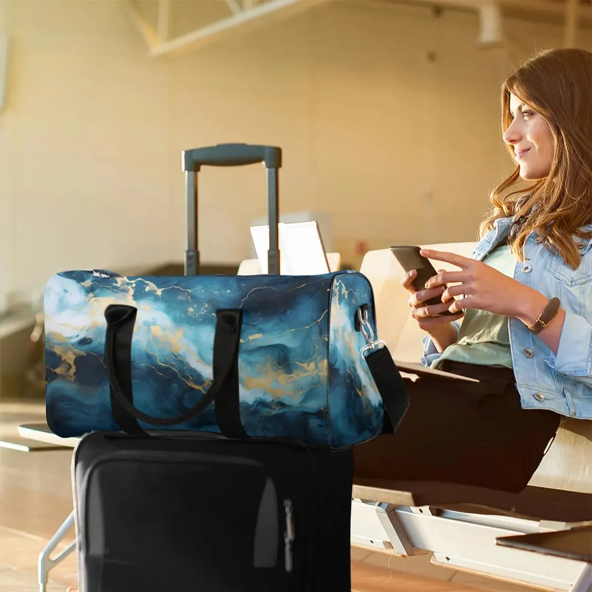 Foldable Travel Bag Navy Blue Marble Style Lightweight Carry On Bags for Airplanes Waterproof Travel Duffle Bag For Gym Weekend Overnight