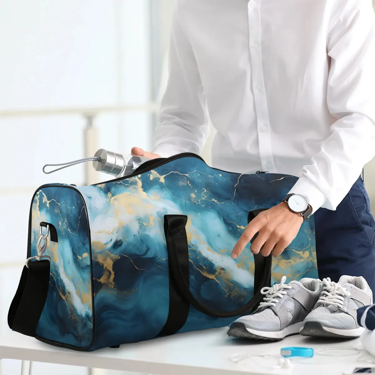 Foldable Travel Bag Navy Blue Marble Style Lightweight Carry On Bags for Airplanes Waterproof Travel Duffle Bag For Gym Weekend Overnight