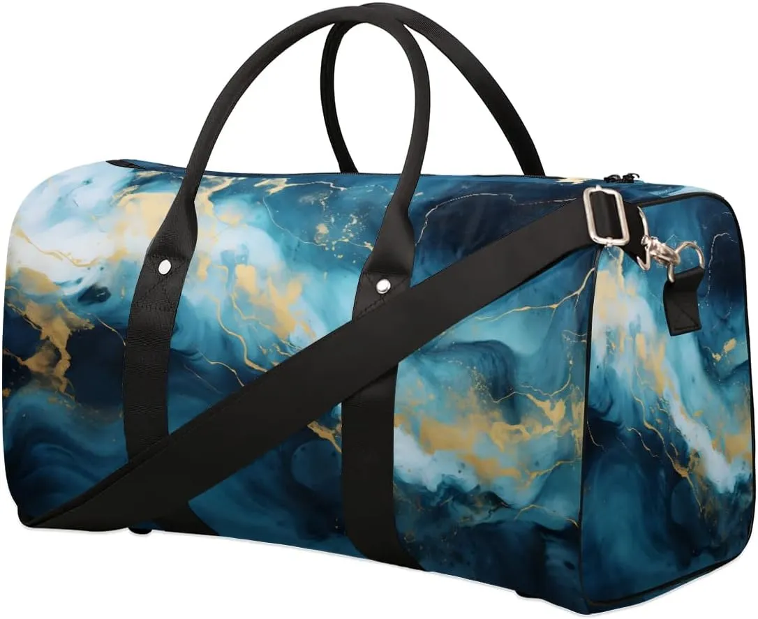 Foldable Travel Bag Navy Blue Marble Style Lightweight Carry On Bags for Airplanes Waterproof Travel Duffle Bag For Gym Weekend Overnight