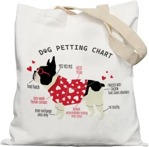 French Bulldog Tote Bag - Gifts for Dog Lovers, Women's Canvas Reusable Grocery and Shopping Bags With Petting Chart