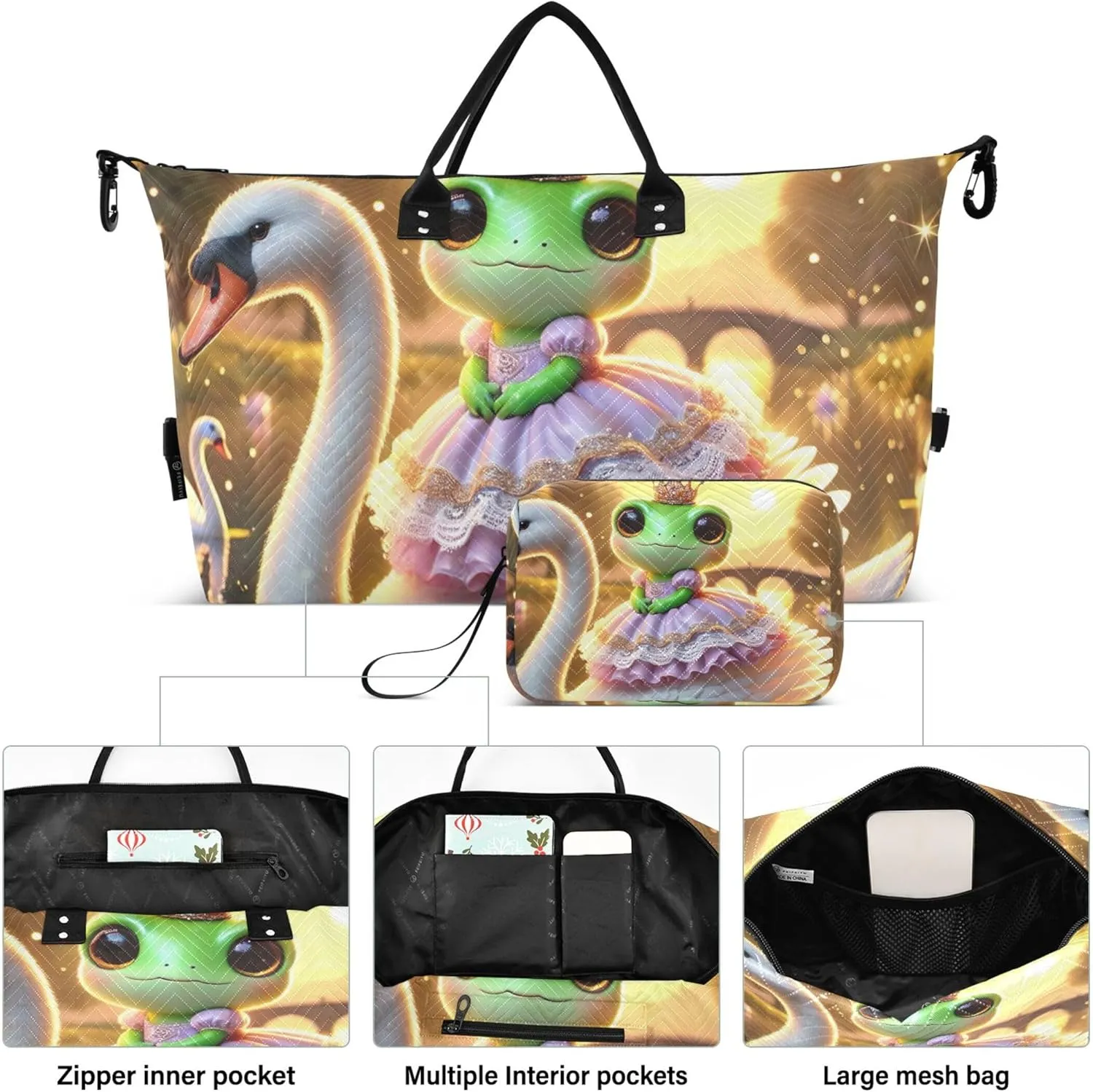 Frog Swan Cute Travel Bag Duffel Make up Bags Set of 2, Print Women Luggage Bags Overnight Bag