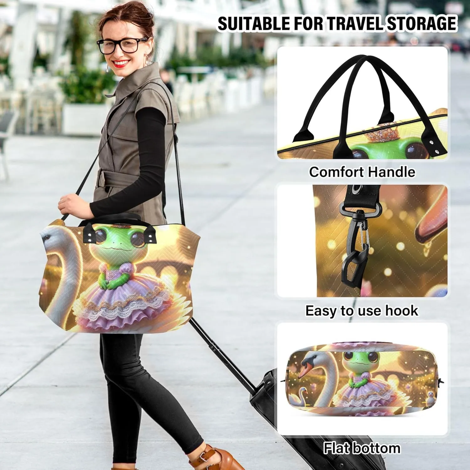 Frog Swan Cute Travel Bag Duffel Make up Bags Set of 2, Print Women Luggage Bags Overnight Bag