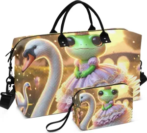 Frog Swan Cute Travel Bag Duffel Make up Bags Set of 2, Print Women Luggage Bags Overnight Bag