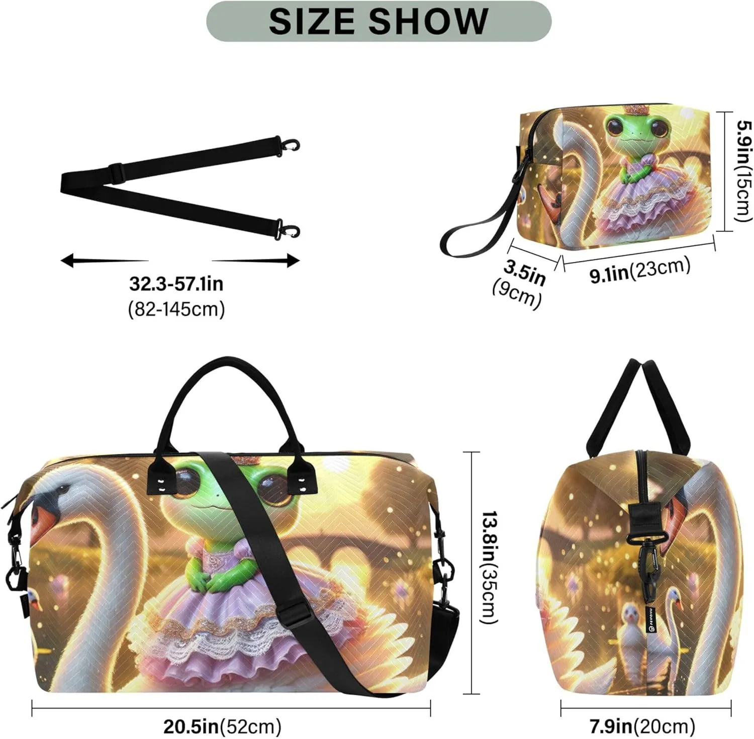 Frog Swan Cute Travel Bag Duffel Make up Bags Set of 2, Print Women Luggage Bags Overnight Bag