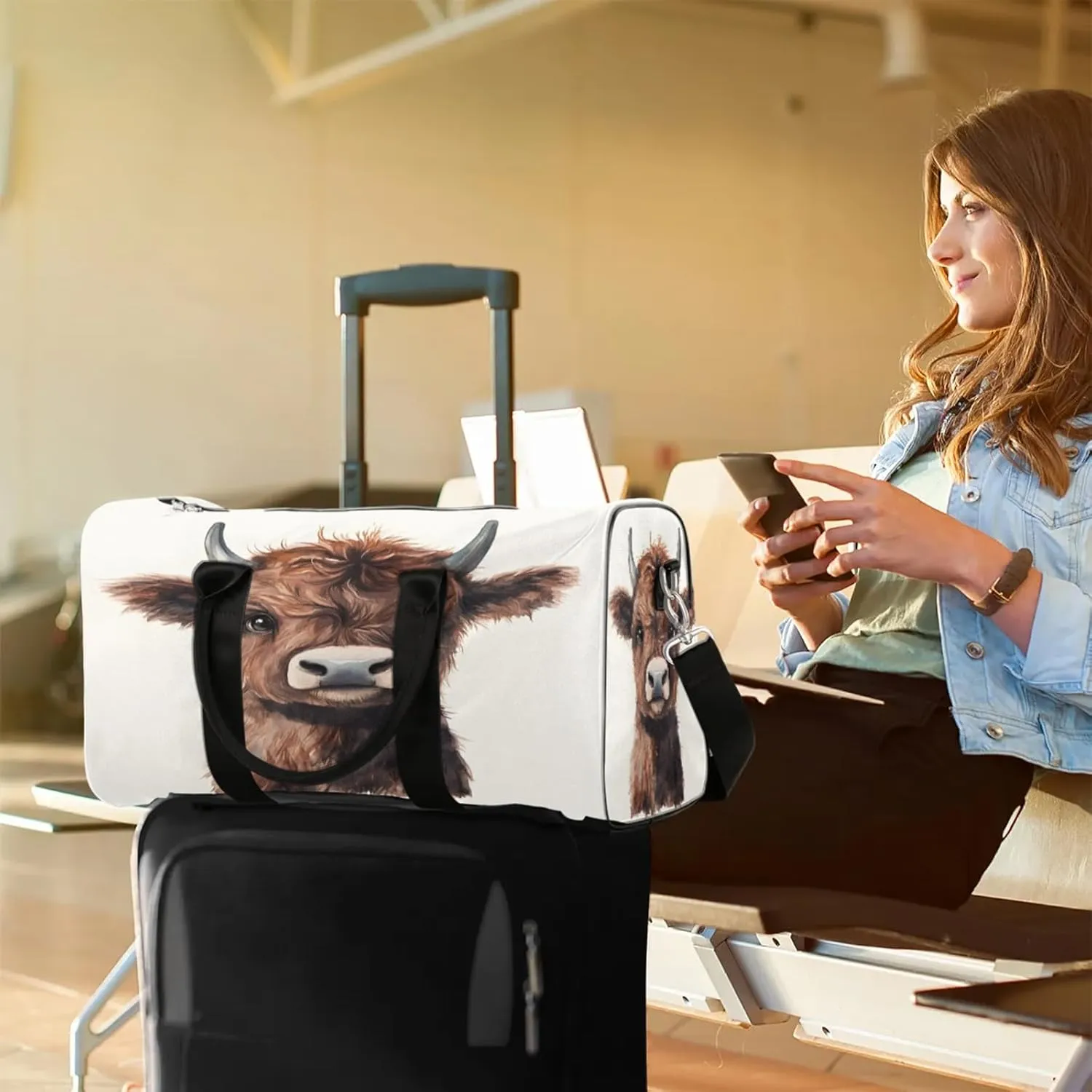 Funny Duffle Bag for Travel, Overnight Weekend Gym Carry On Luggage Bag, Cow Bull Travel Duffel Bag for Men Women
