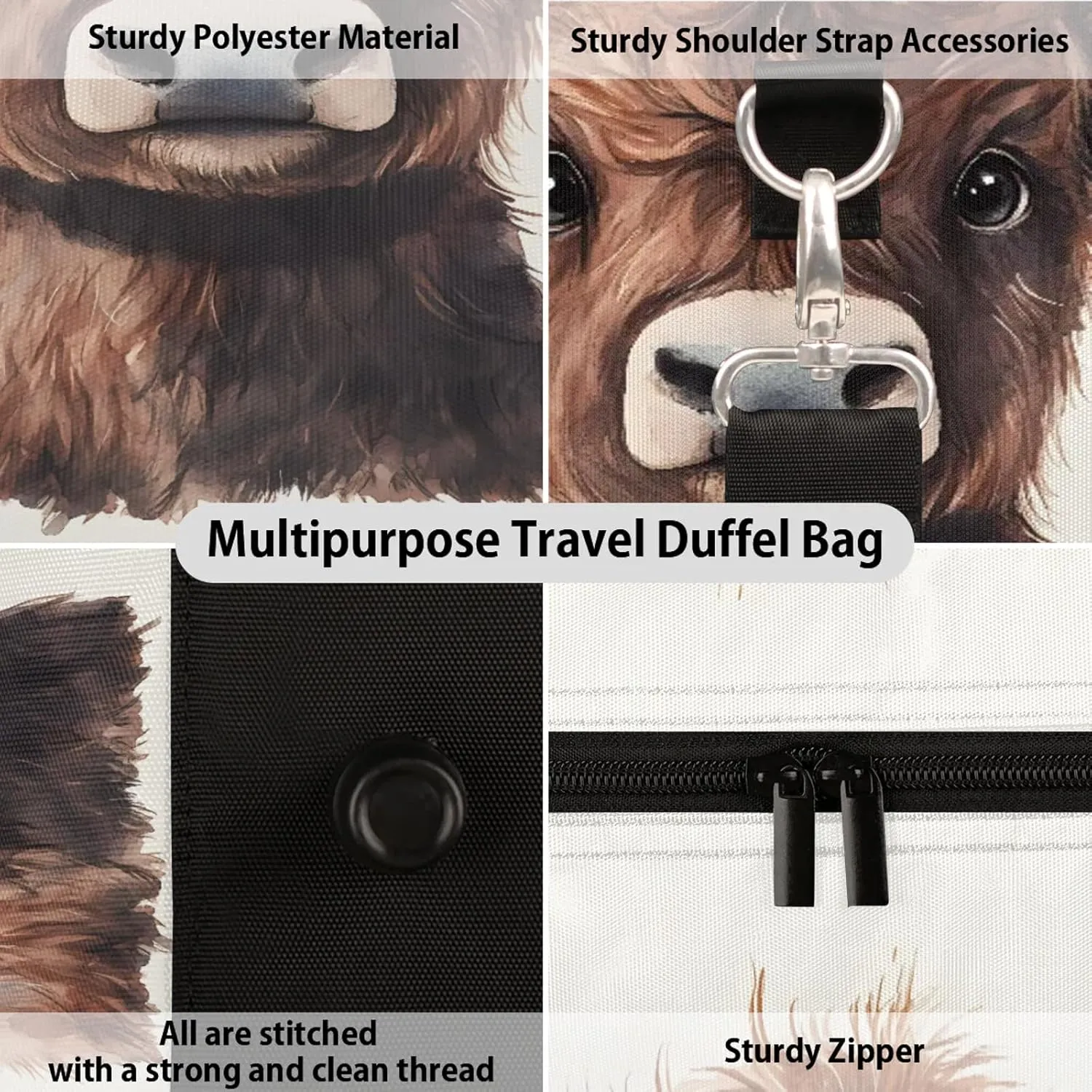 Funny Duffle Bag for Travel, Overnight Weekend Gym Carry On Luggage Bag, Cow Bull Travel Duffel Bag for Men Women