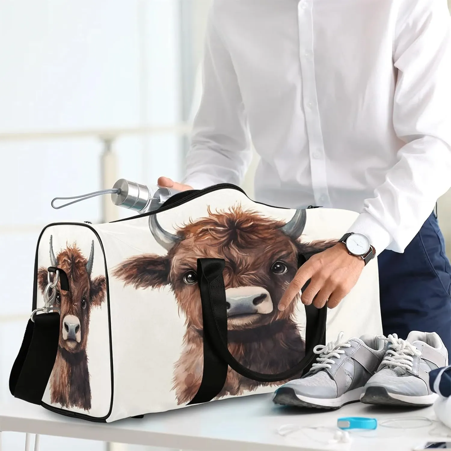Funny Duffle Bag for Travel, Overnight Weekend Gym Carry On Luggage Bag, Cow Bull Travel Duffel Bag for Men Women