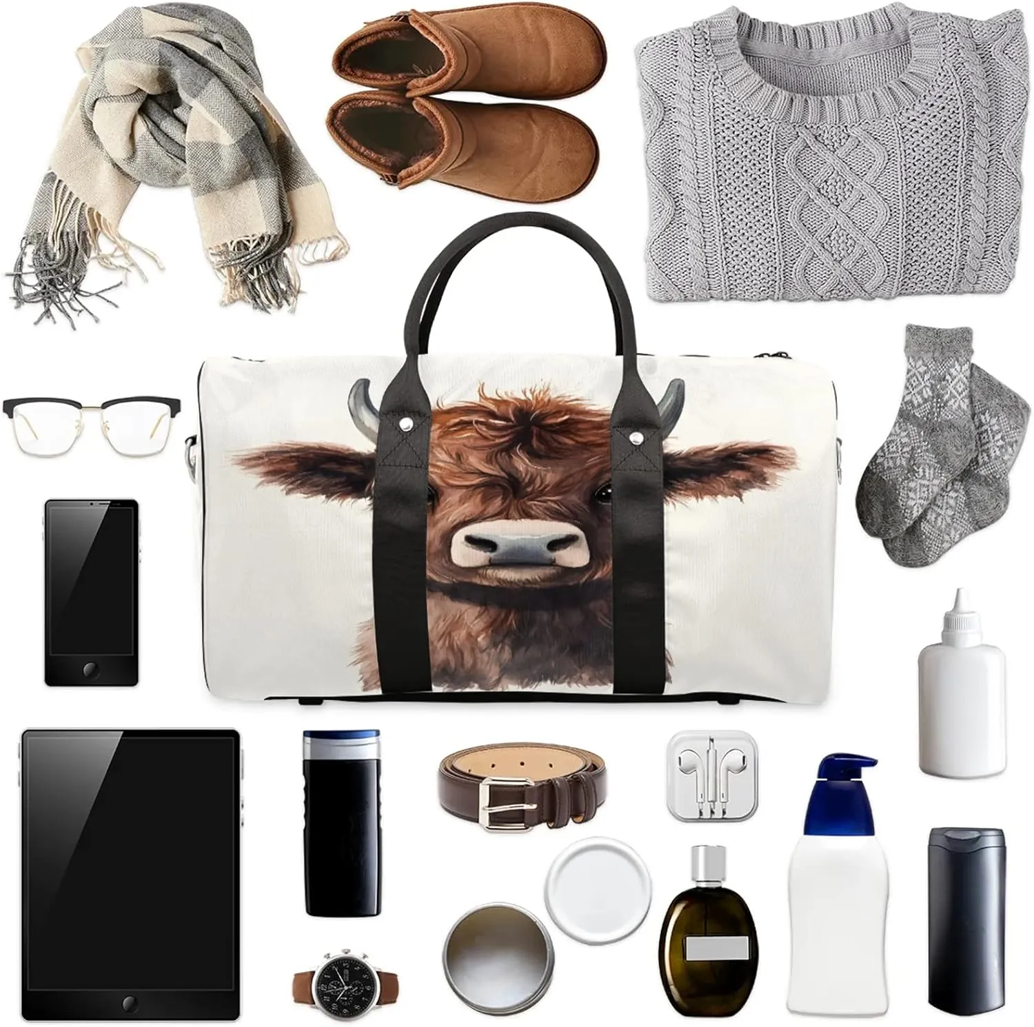 Funny Duffle Bag for Travel, Overnight Weekend Gym Carry On Luggage Bag, Cow Bull Travel Duffel Bag for Men Women