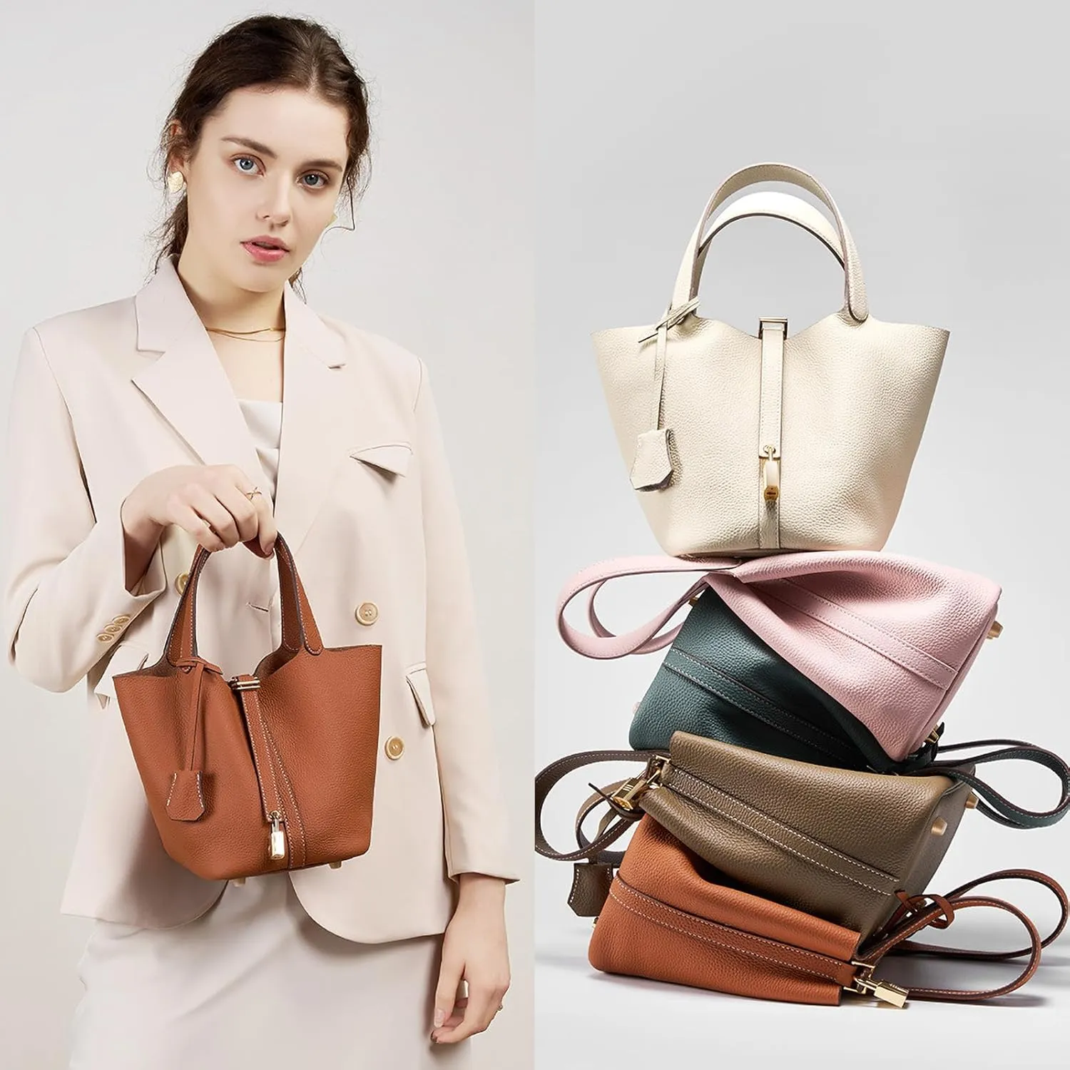 Genuine Leather Bucket Bags For Women Wallet Satchels Handbag With Lock Design Daily Casual Soft Shoulder Bag