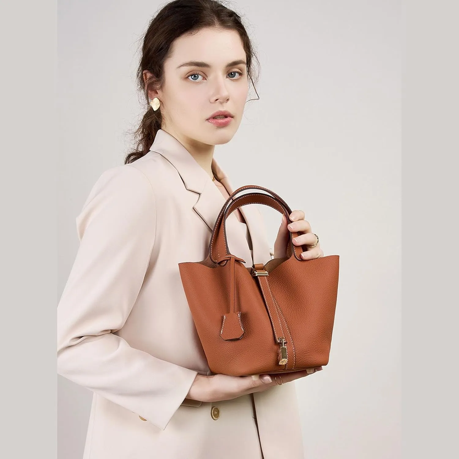 Genuine Leather Bucket Bags For Women Wallet Satchels Handbag With Lock Design Daily Casual Soft Shoulder Bag