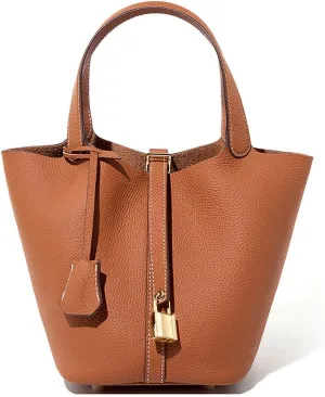 Genuine Leather Bucket Bags For Women Wallet Satchels Handbag With Lock Design Daily Casual Soft Shoulder Bag