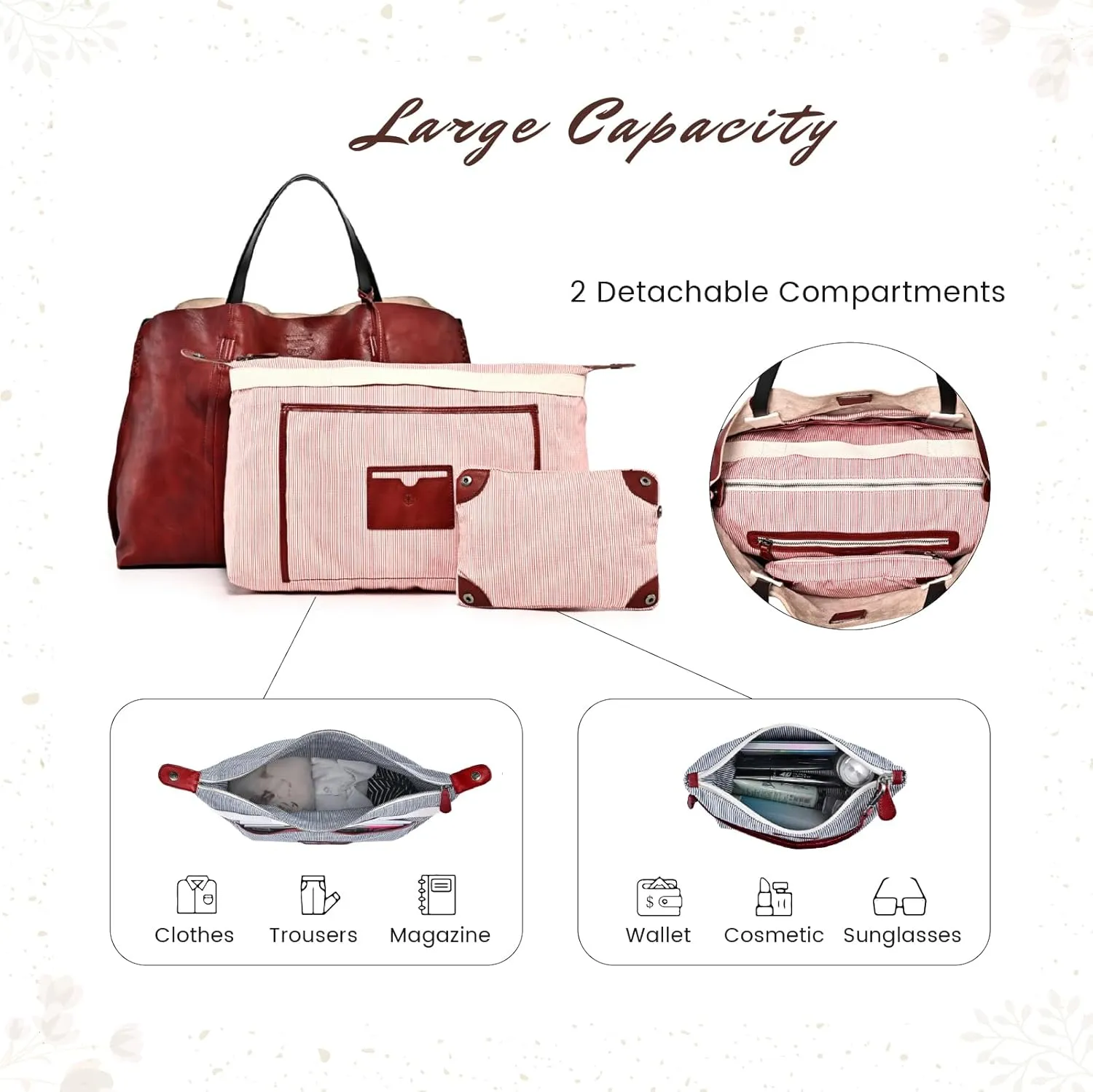 Genuine Leather Forest Island Tote | Spacious Handbag with Removable Inner Pouches