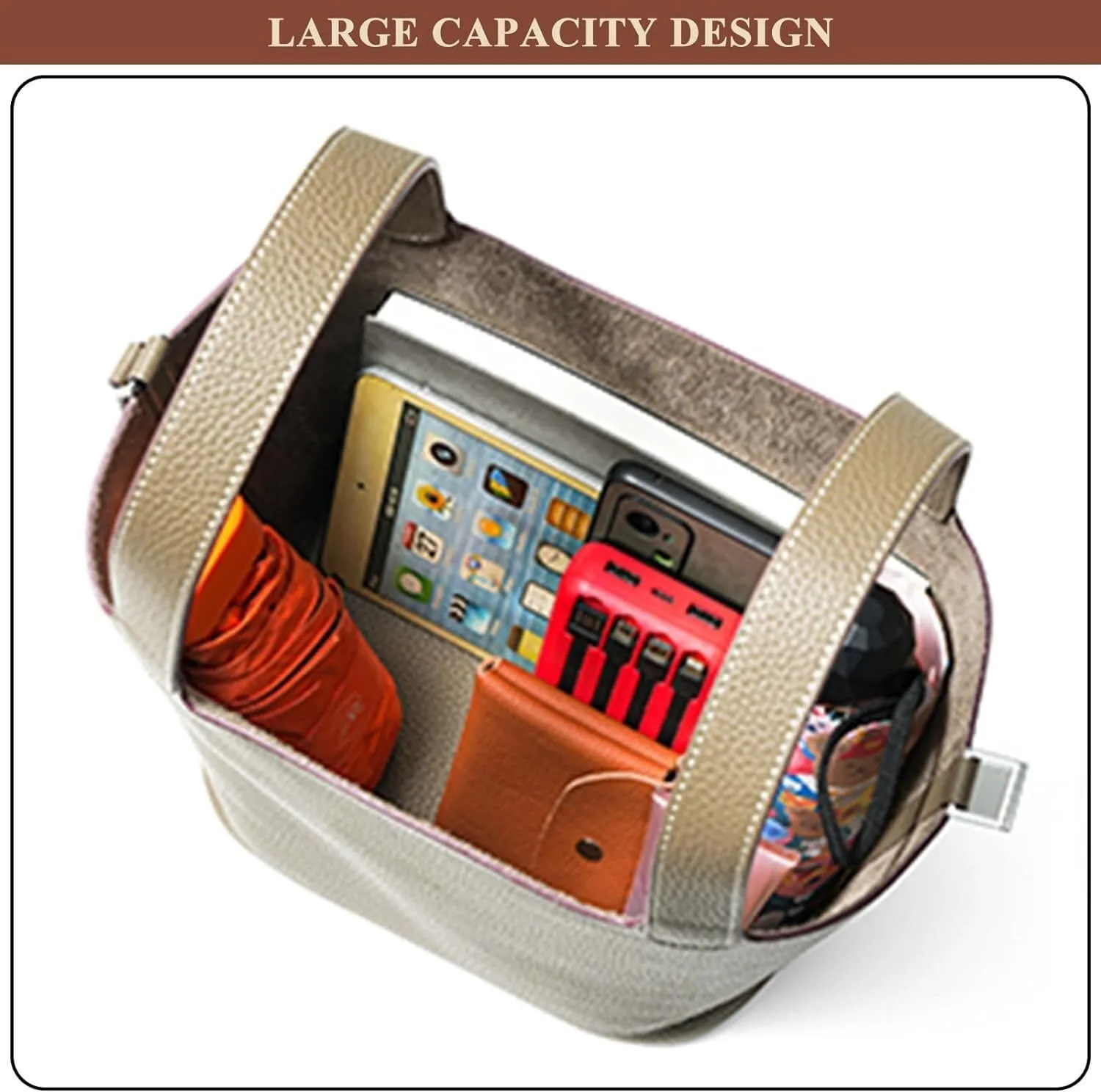 Genuine Leather Soft Bucket Bag for Women Fashion Lock Design Handbags Vegetable Basket Satchel with Top Handle Bags