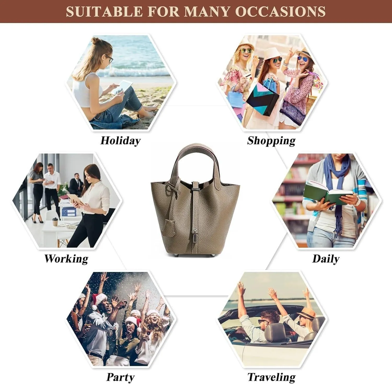 Genuine Leather Soft Bucket Bag for Women Fashion Lock Design Handbags Vegetable Basket Satchel with Top Handle Bags