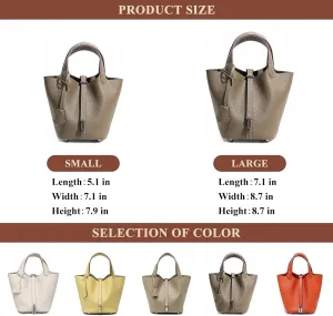 Genuine Leather Soft Bucket Bag for Women Fashion Lock Design Handbags Vegetable Basket Satchel with Top Handle Bags