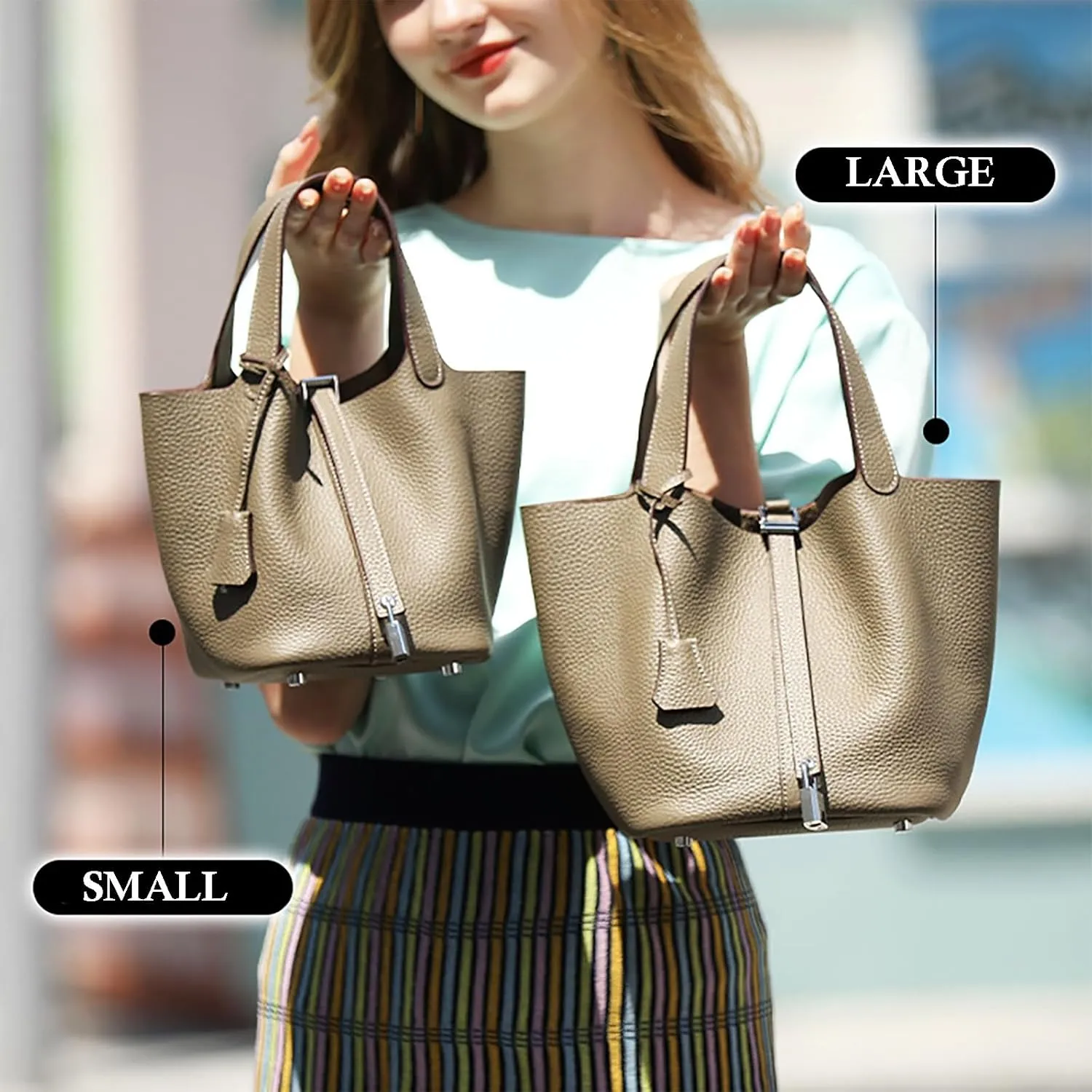 Genuine Leather Soft Bucket Bag for Women Fashion Lock Design Handbags Vegetable Basket Satchel with Top Handle Bags