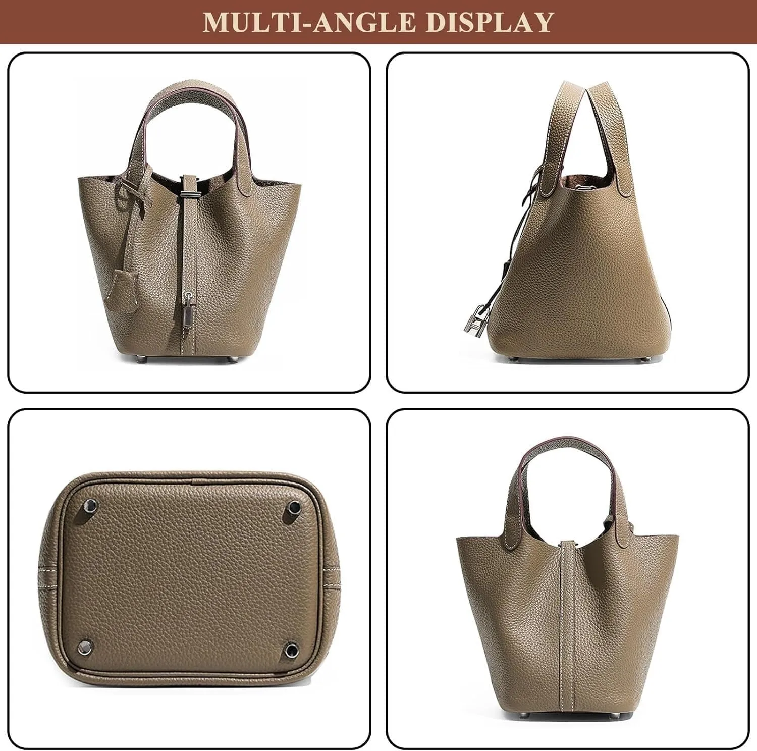 Genuine Leather Soft Bucket Bag for Women Fashion Lock Design Handbags Vegetable Basket Satchel with Top Handle Bags