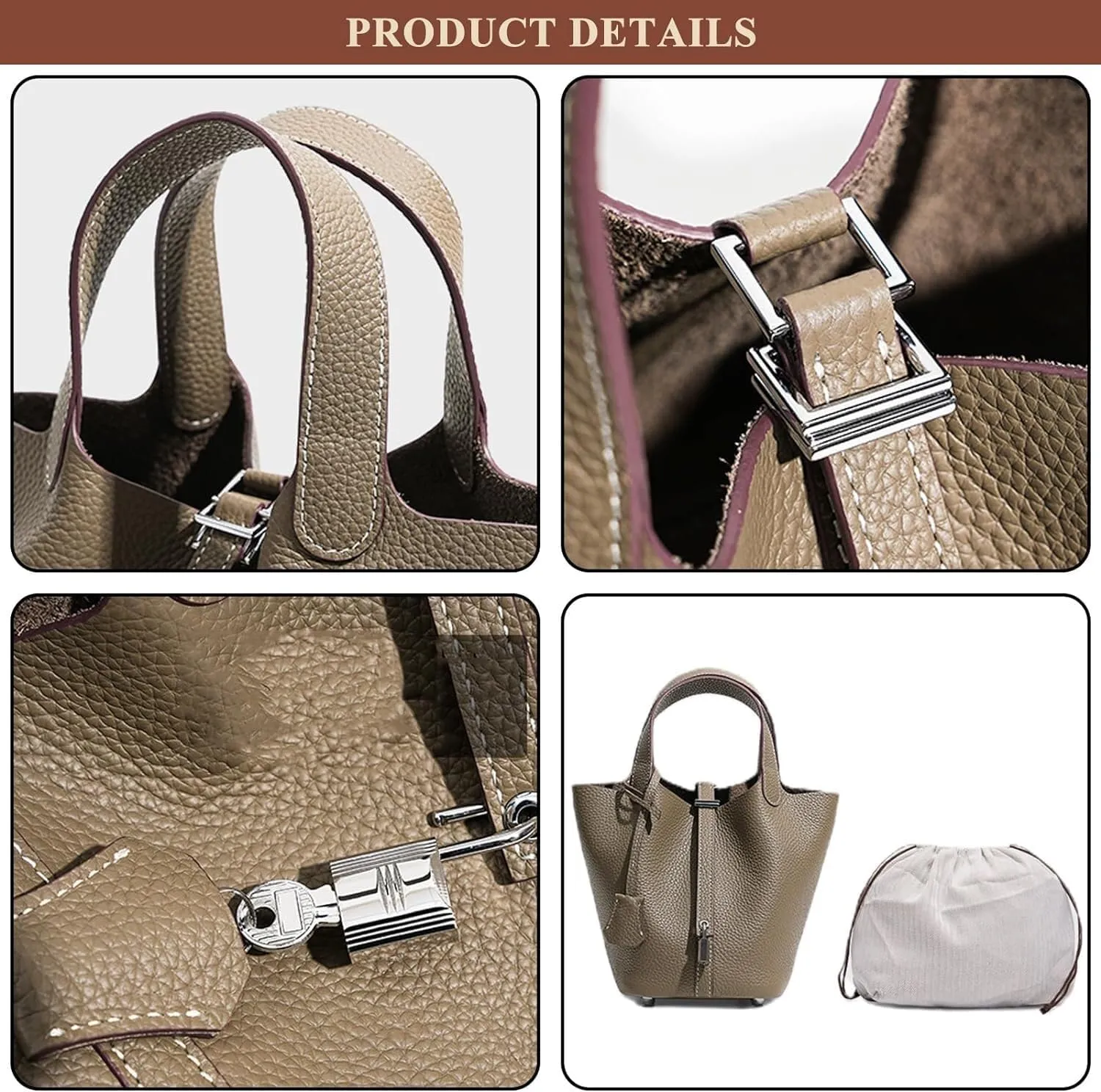 Genuine Leather Soft Bucket Bag for Women Fashion Lock Design Handbags Vegetable Basket Satchel with Top Handle Bags