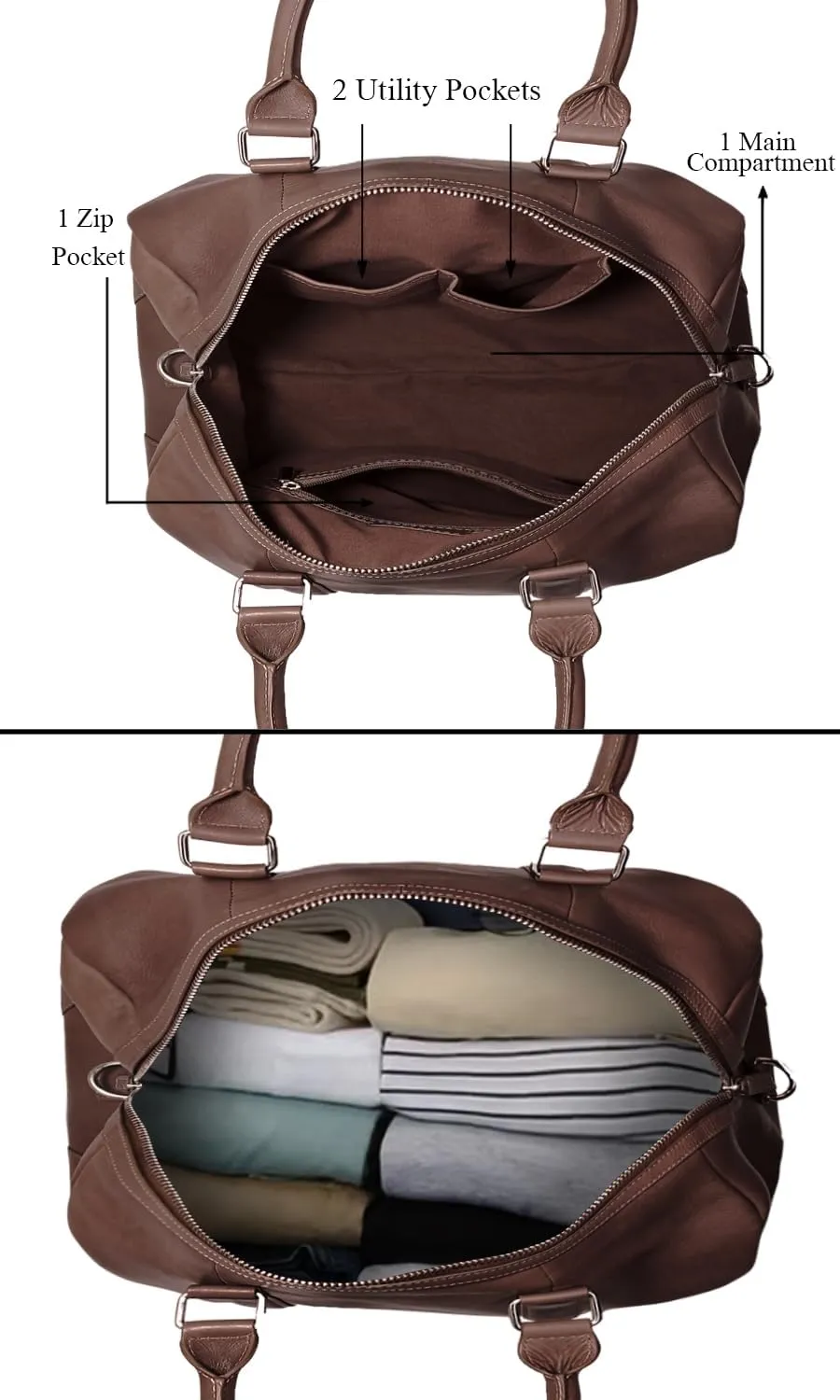 Genuine Leather Unisex Travel Duffel Bag, Shoulder Weekender Overnight Luggage Bag (Taupe)