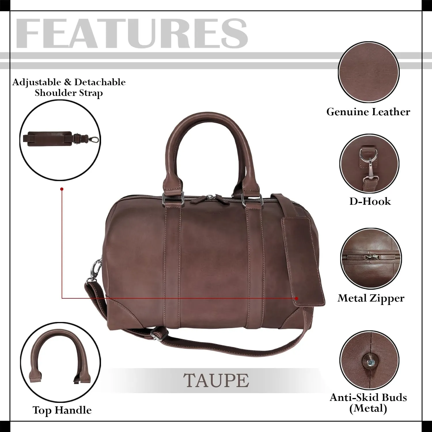 Genuine Leather Unisex Travel Duffel Bag, Shoulder Weekender Overnight Luggage Bag (Taupe)