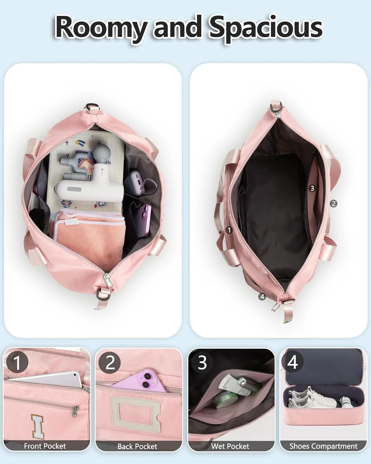 Gifts for Women & Girls-Initial Duffle Bag for Travel, Carry on Bag Duffel Bags, GYM Weekend Overnight Bag with Shoes Compartment,Hospital Bags -Pink A