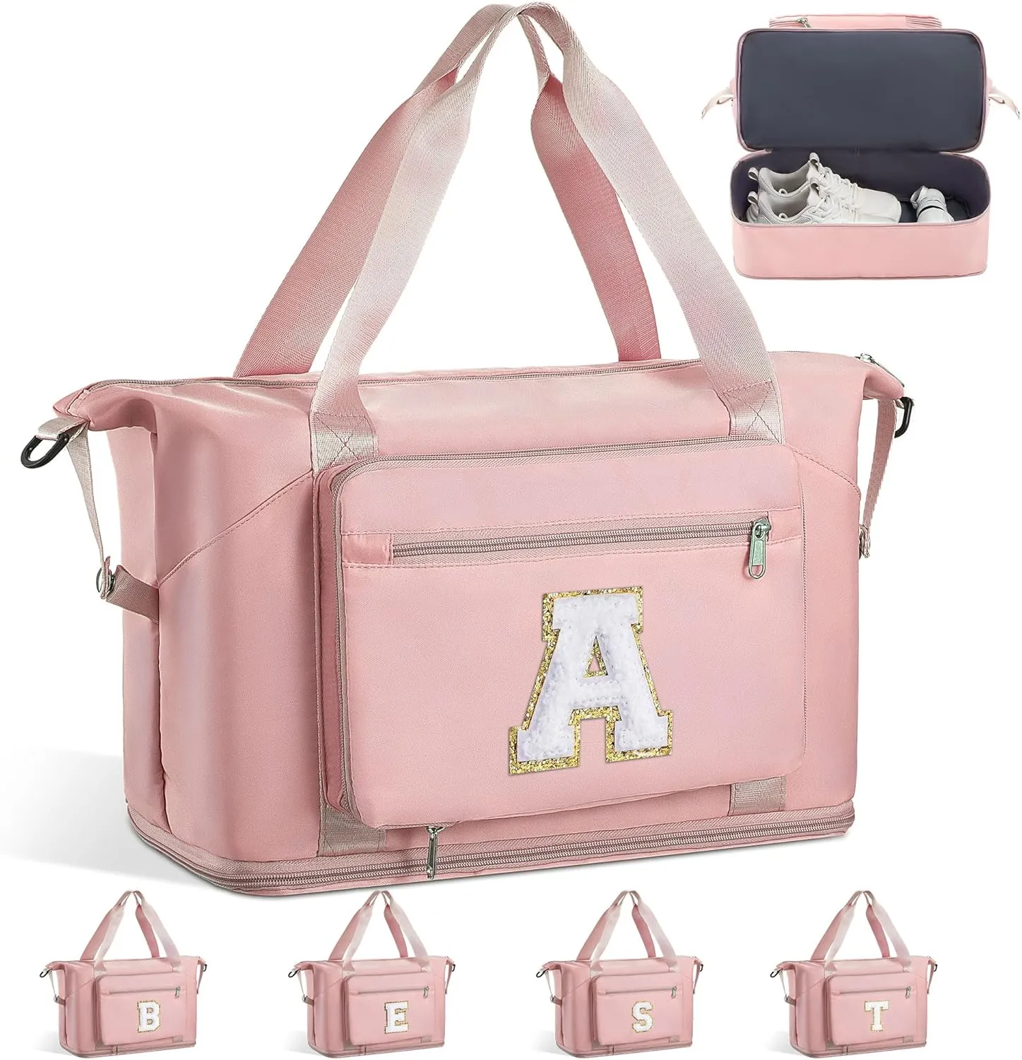 Gifts for Women & Girls-Initial Duffle Bag for Travel, Carry on Bag Duffel Bags, GYM Weekend Overnight Bag with Shoes Compartment,Hospital Bags -Pink A