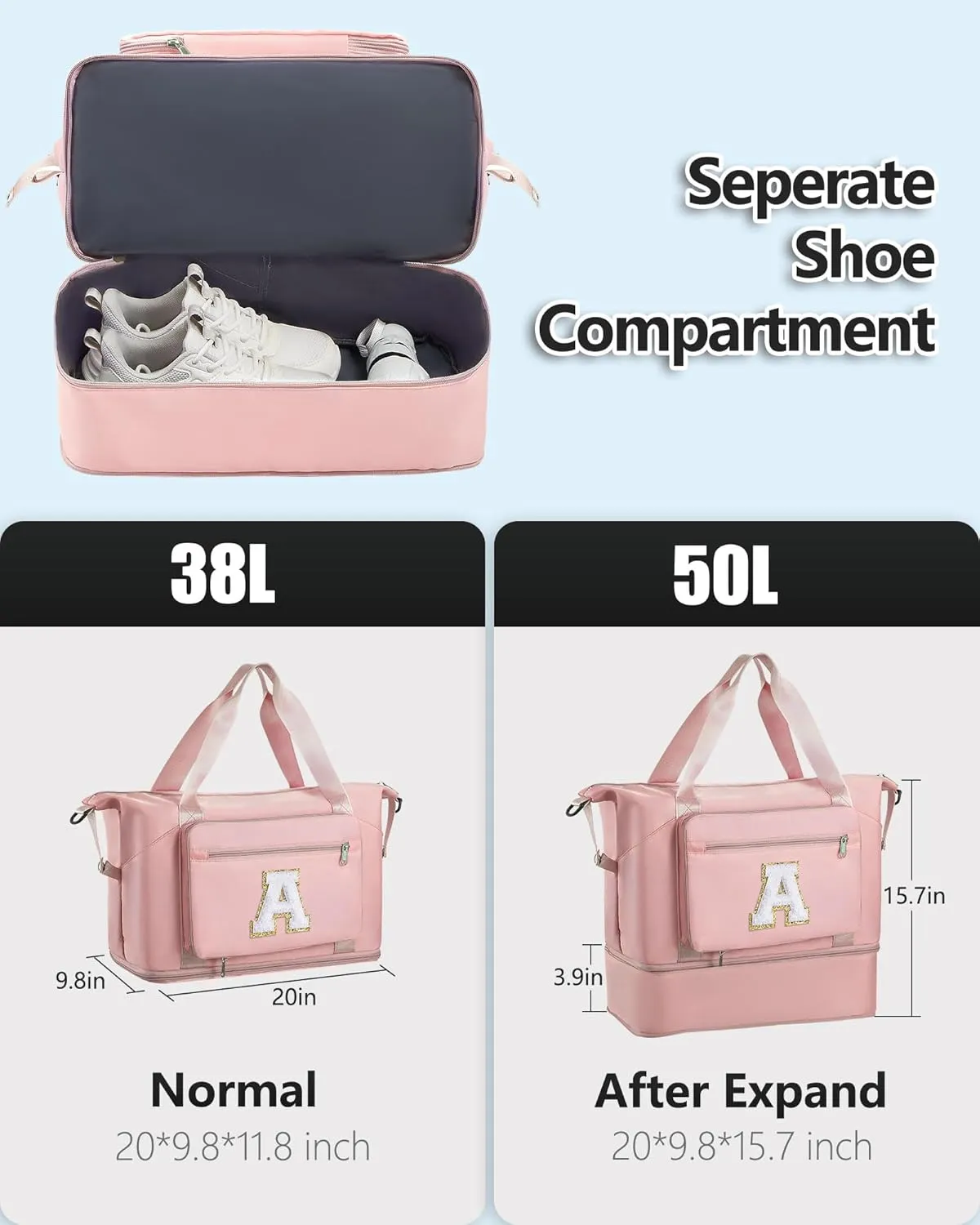 Gifts for Women & Girls-Initial Duffle Bag for Travel, Carry on Bag Duffel Bags, GYM Weekend Overnight Bag with Shoes Compartment,Hospital Bags -Pink A