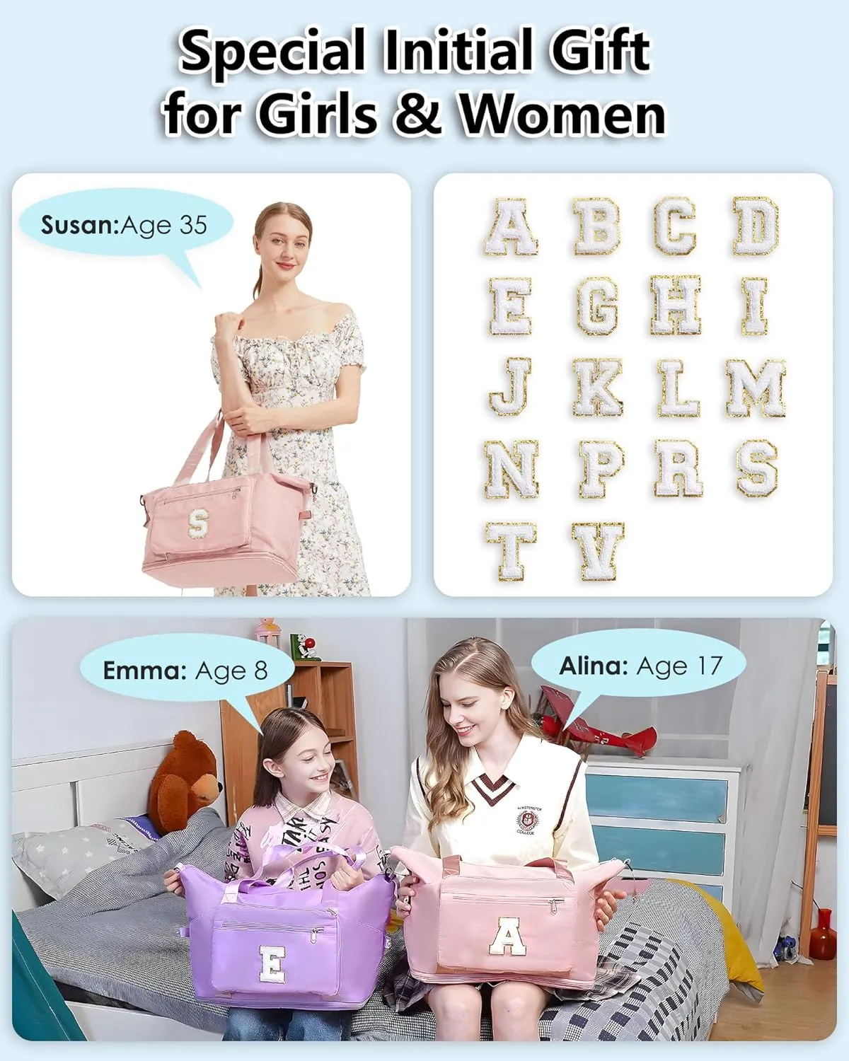 Gifts for Women & Girls-Initial Duffle Bag for Travel, Carry on Bag Duffel Bags, GYM Weekend Overnight Bag with Shoes Compartment,Hospital Bags -Pink A
