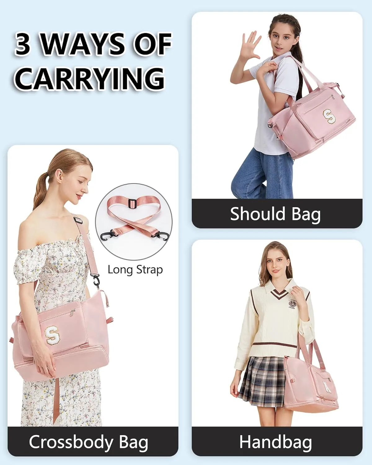 Gifts for Women & Girls-Initial Duffle Bag for Travel, Carry on Bag Duffel Bags, GYM Weekend Overnight Bag with Shoes Compartment,Hospital Bags -Pink A