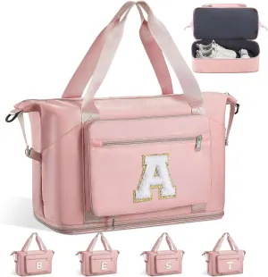 Gifts for Women & Girls-Initial Duffle Bag for Travel, Carry on Bag Duffel Bags, GYM Weekend Overnight Bag with Shoes Compartment,Hospital Bags -Pink A