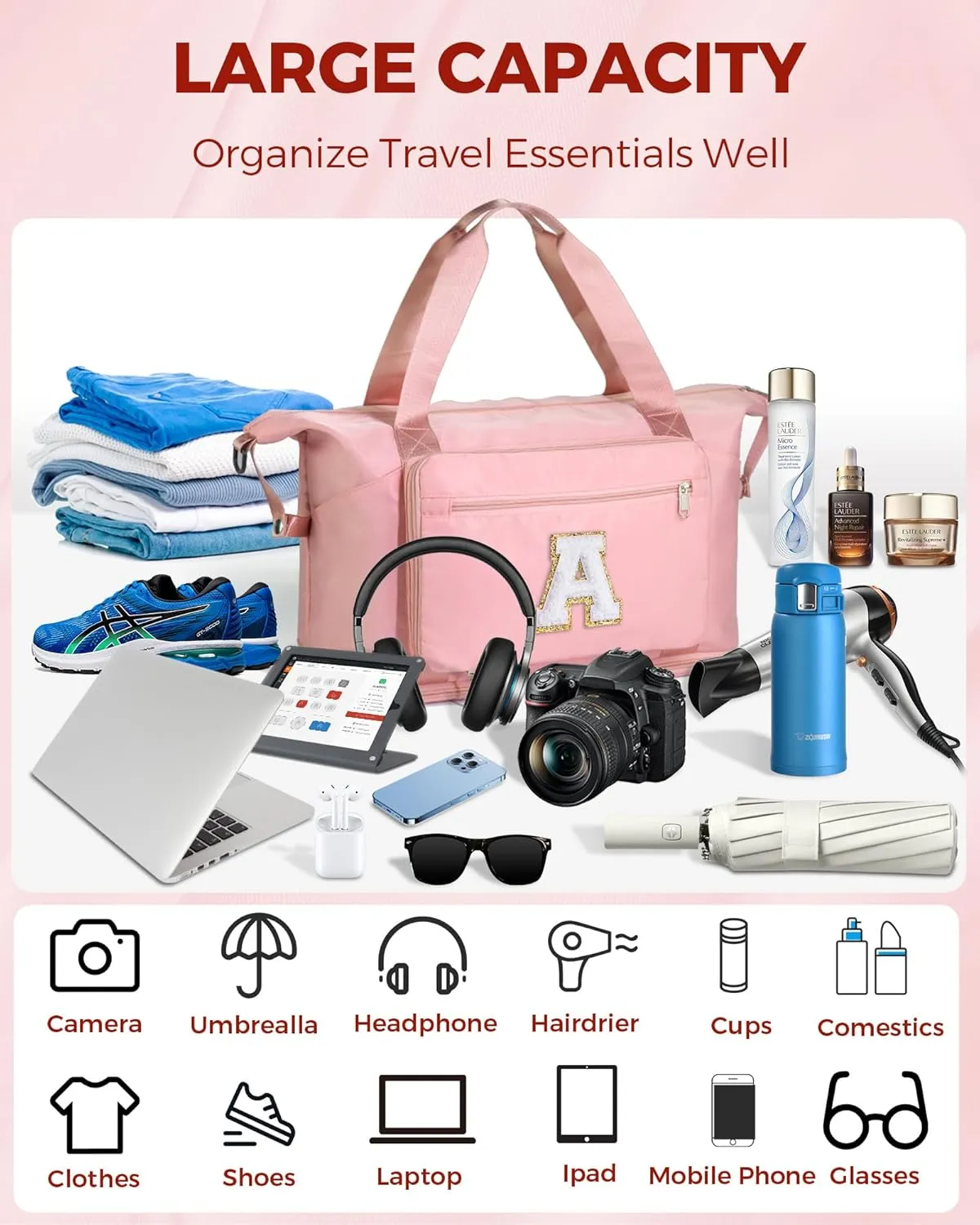 Gifts for Women & Girls-Initial Duffle Bag for Travel, Carry on Bag Duffel Bags, GYM Weekend Overnight Bag with Shoes Compartment,Hospital Bags -Pink A