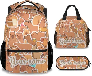 Girls Bookbag for School, Personalized Backpacks with Lunch Box, Animal Backpack for Kids Child, 17 Inch Cute Customized Bookbags with Pencil Case for Primary Middle College