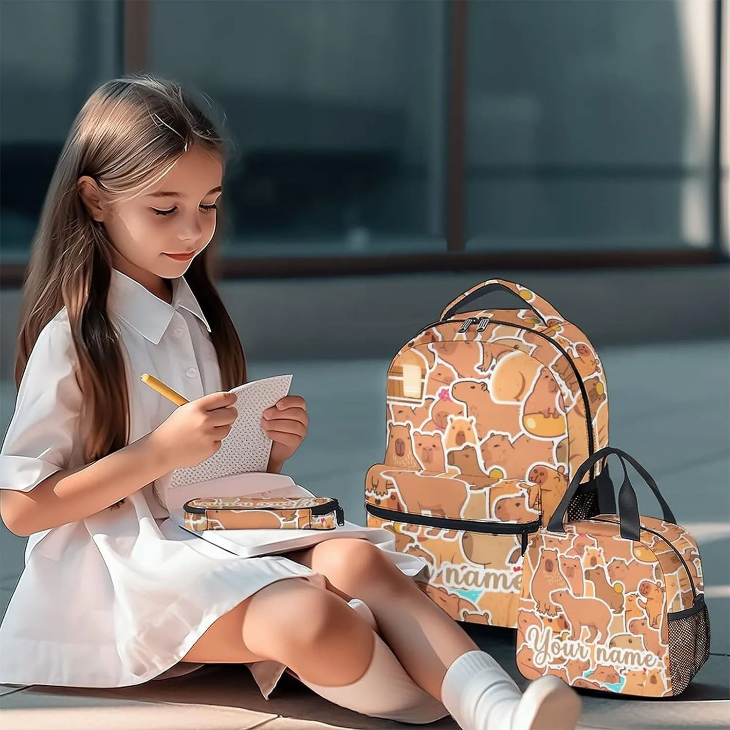 Girls Bookbag for School, Personalized Backpacks with Lunch Box, Animal Backpack for Kids Child, 17 Inch Cute Customized Bookbags with Pencil Case for Primary Middle College