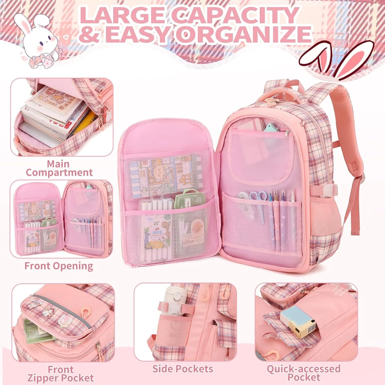 Girls School Backpacks Kids Bookbags for Primary Elementary High Students Teen Girls Cute 17inch Book Bag (Blue-Buny)