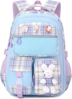 Girls School Backpacks Kids Bookbags for Primary Elementary High Students Teen Girls Cute 17inch Book Bag (Blue-Buny)