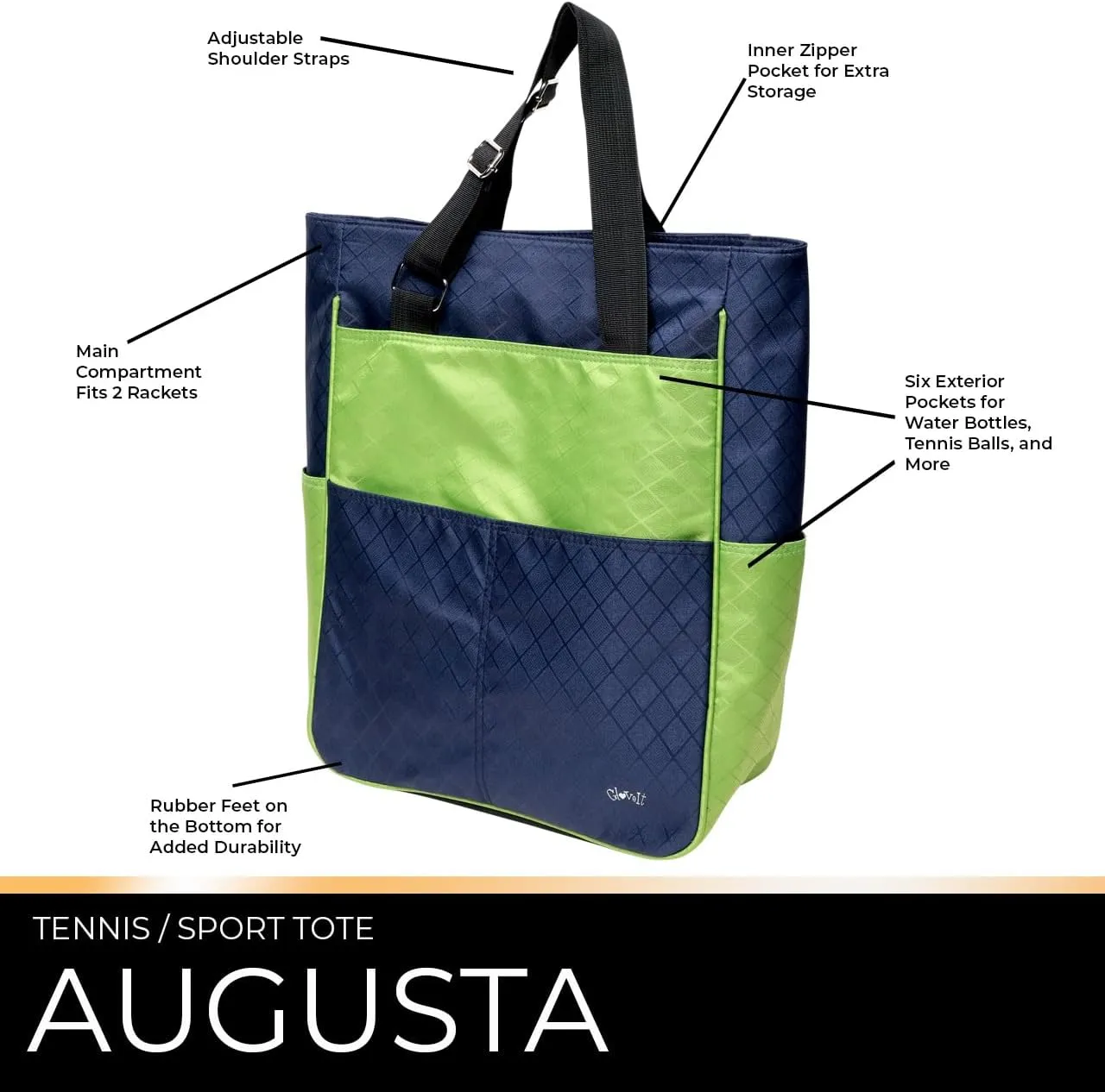 Glove It Tennis Tote Bag, Tennis Bag for Women, Ladies Sports Shoulder Bag, Large Tote with 6 Pockets, fits 2 Rackets.