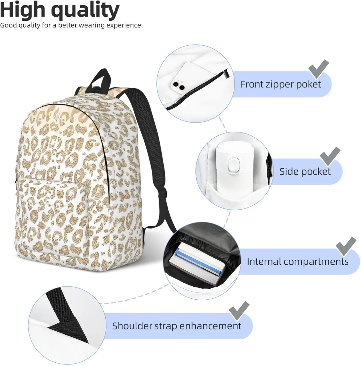 Gold Glitter Leopard Print Ombre Canvas Backpacks Laptop Backpack Multipurpose Double Shoulder Bag for Men Women Gifts Medium