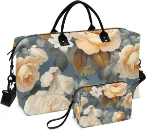 Golden Vintage Flowers Travel Duffel Bag with Toiletry Bag Weekender Bag for Carry on Sports Gym Bag for Gym Yoga Sports