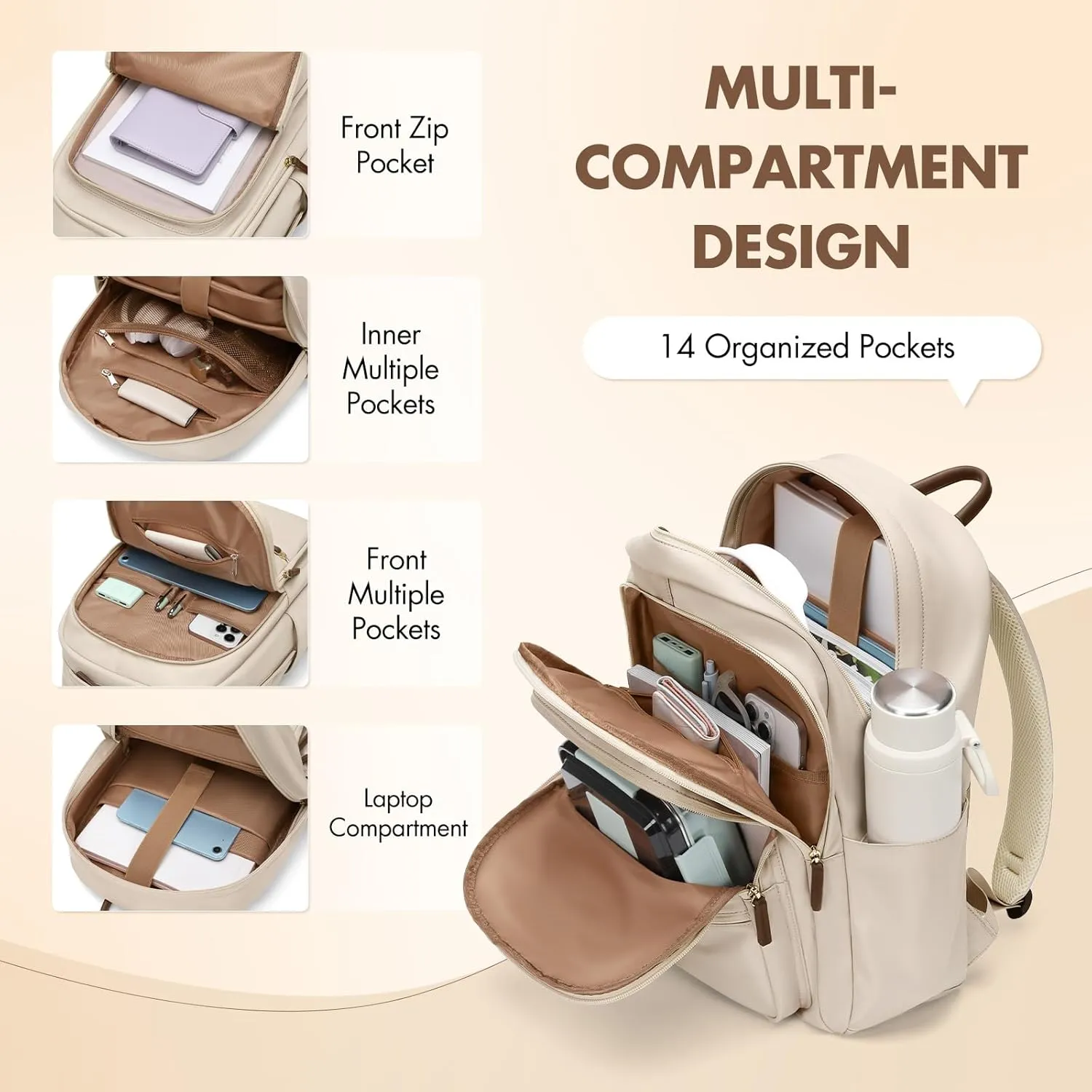 GOLF SUPAGS Backpack for Women Work College Travel Laptop Backpacks Multi-Functional Casual Daypack Teacher Nurse Everyday Bags Fits 15.6 Inch Notebook (Apricot)