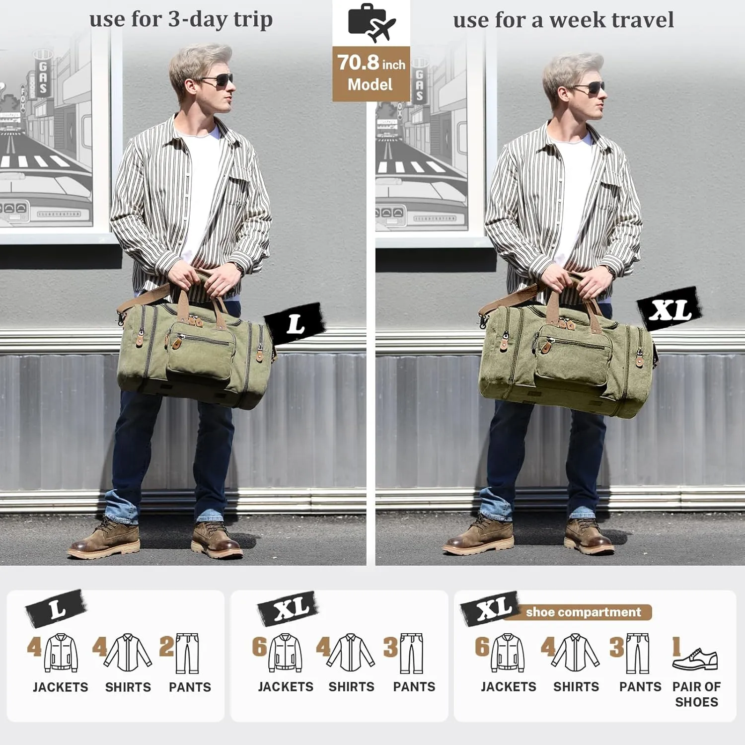 Gonex Canvas Duffle Bag for Travel 50L Duffel Overnight Weekender Bag (Army Green)
