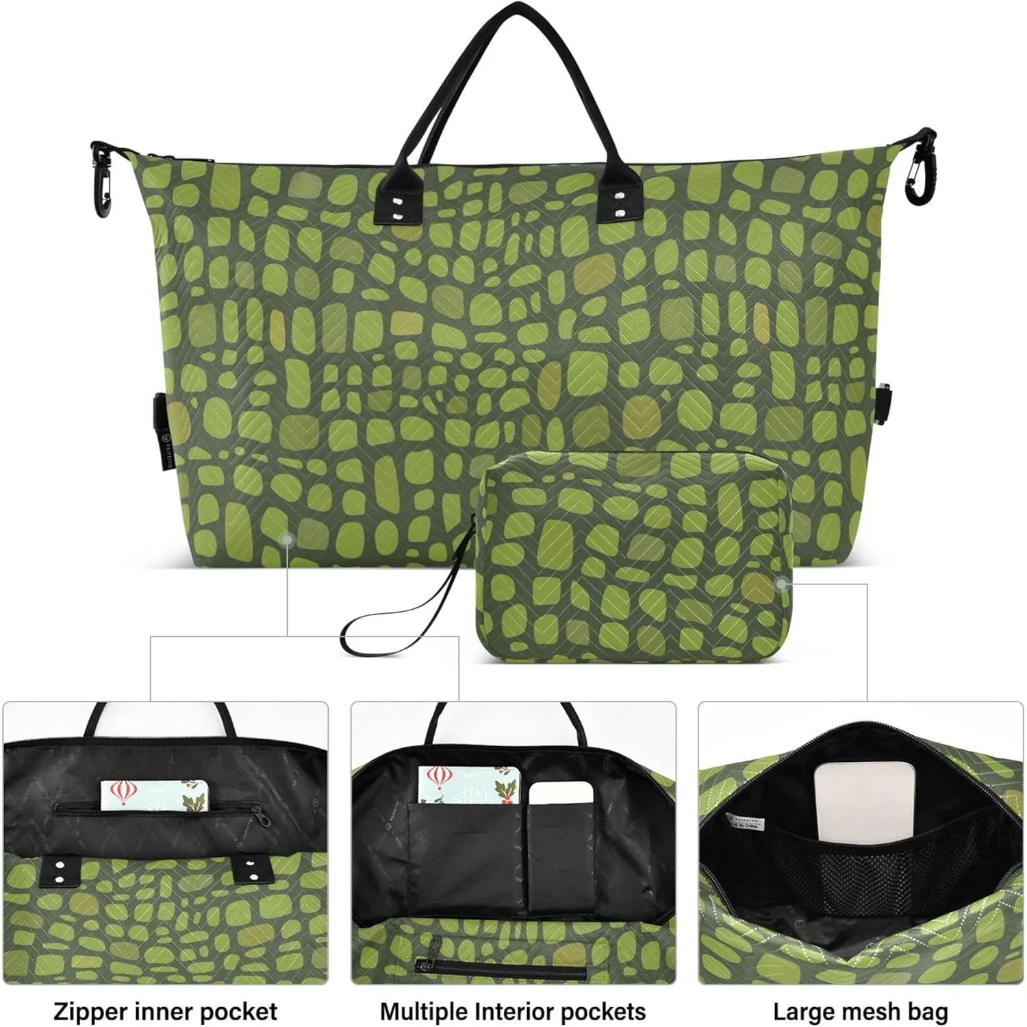 Green Crocodile Skin Alligator Duffel Bag Womens Cosmetic Bags Set, Design Women Gym Bags Tote Duffel for Traveling
