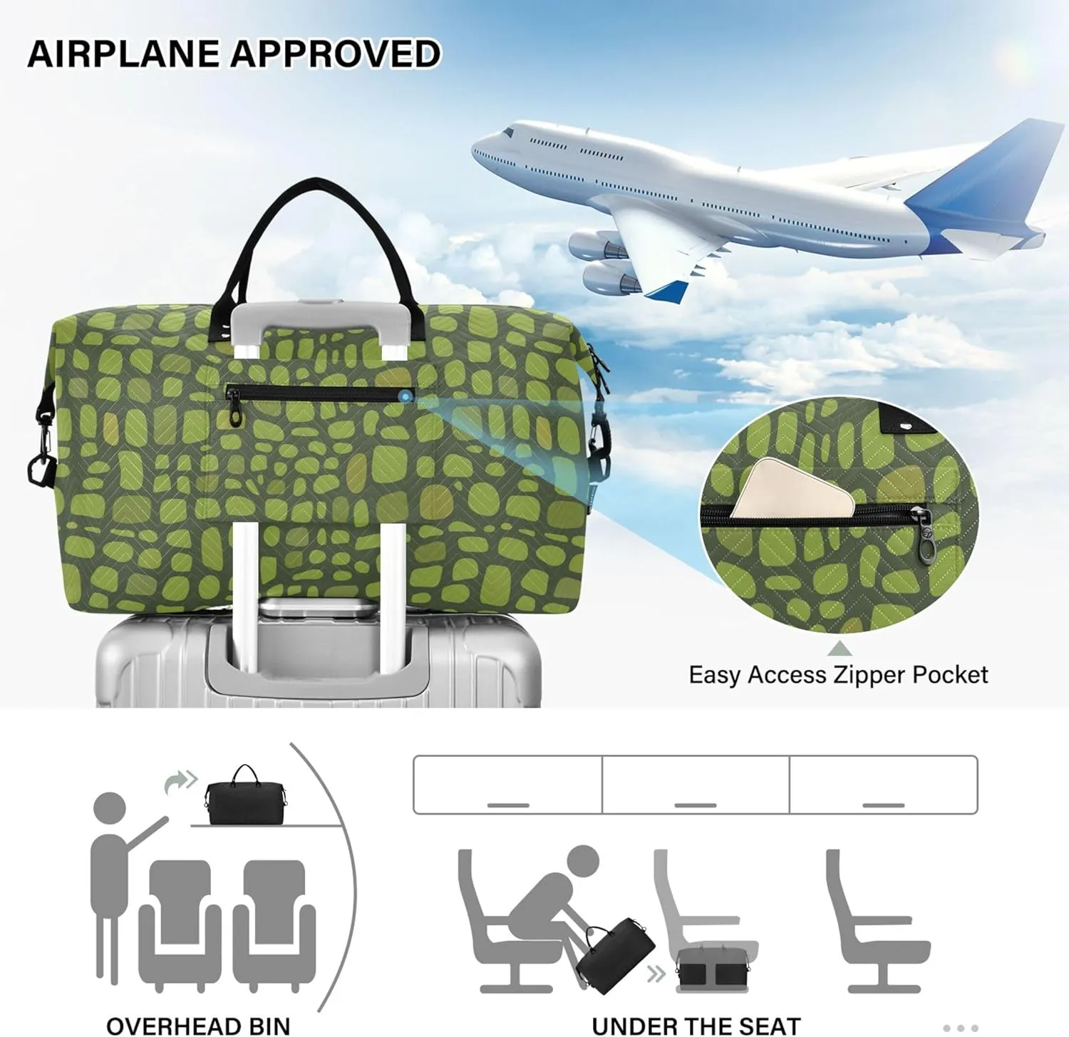 Green Crocodile Skin Alligator Duffel Bag Womens Cosmetic Bags Set, Design Women Gym Bags Tote Duffel for Traveling