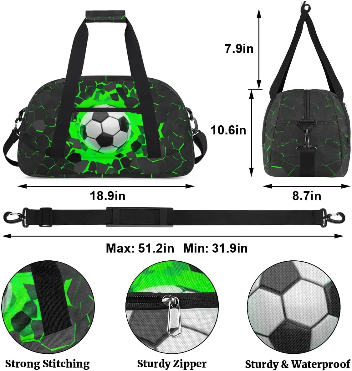 Green Soccer Kids Duffel Bag for Boys, Football Sports Gym Bag Overnight Travel Weekender Bag Lightweight Carry On Sleepovers Bag for School Practice Gymnastics