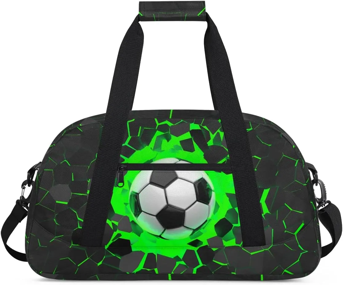 Green Soccer Kids Duffel Bag for Boys, Football Sports Gym Bag Overnight Travel Weekender Bag Lightweight Carry On Sleepovers Bag for School Practice Gymnastics