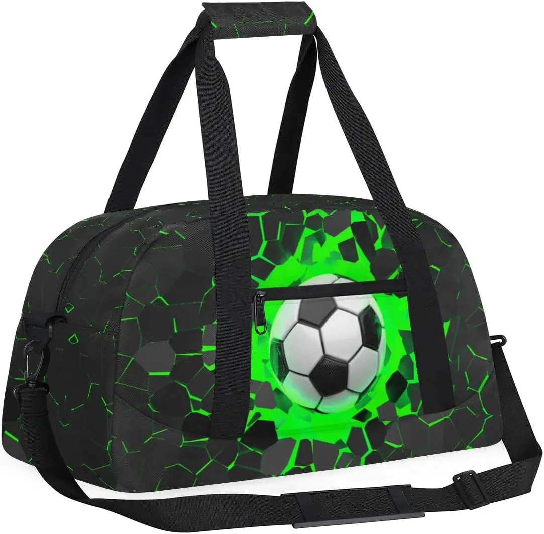 Green Soccer Kids Duffel Bag for Boys, Football Sports Gym Bag Overnight Travel Weekender Bag Lightweight Carry On Sleepovers Bag for School Practice Gymnastics