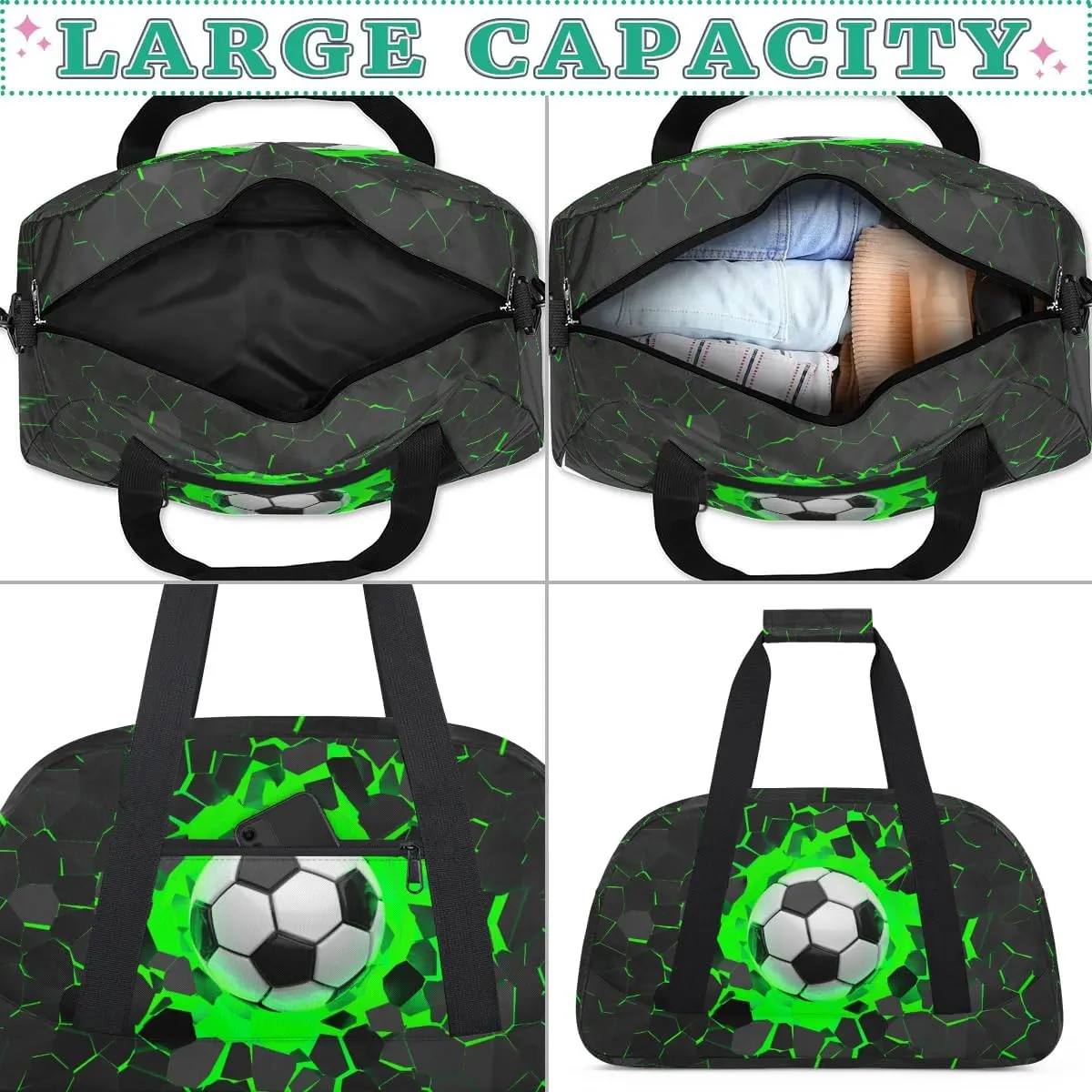 Green Soccer Kids Duffel Bag for Boys, Football Sports Gym Bag Overnight Travel Weekender Bag Lightweight Carry On Sleepovers Bag for School Practice Gymnastics
