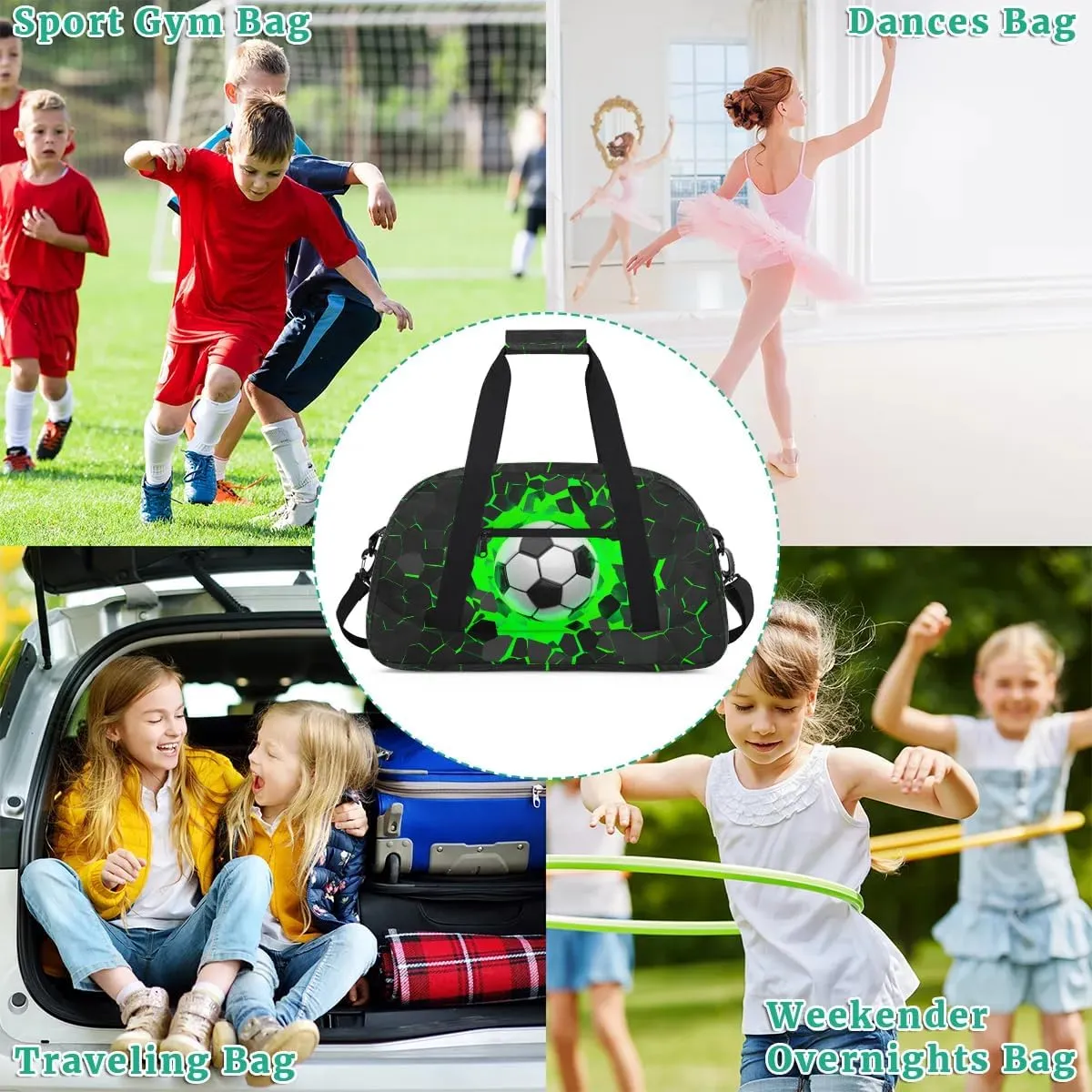 Green Soccer Kids Duffel Bag for Boys, Football Sports Gym Bag Overnight Travel Weekender Bag Lightweight Carry On Sleepovers Bag for School Practice Gymnastics