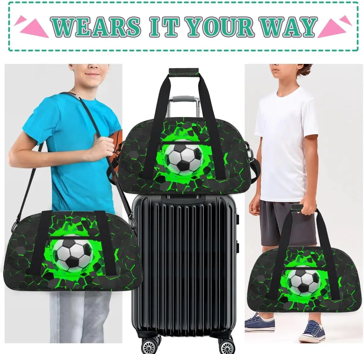 Green Soccer Kids Duffel Bag for Boys, Football Sports Gym Bag Overnight Travel Weekender Bag Lightweight Carry On Sleepovers Bag for School Practice Gymnastics