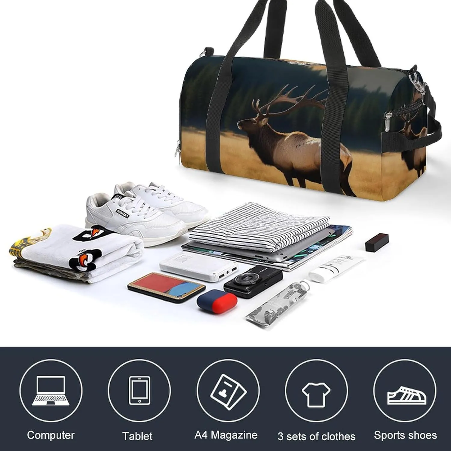 Gym Bag Elk In The Meadow Duffel Bag for Men Women Overnight Bag with Shoe Compartment Workout Bags